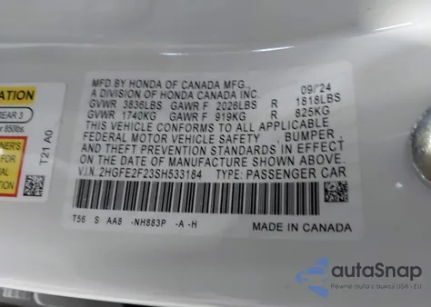 2025 Honda Civic Lx из США, поврежденный, VIN 2HGFE2F23SH533184